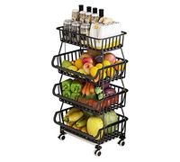 BRIAN & DANY Cestas de Frutas y Verduras Colgantes con Rueda-Organizador de La Cesta, 5 pcs S-Hooks y Pizarras Extraíbles, Verdulero Apilable Cocina de 4 Niveles, Negro