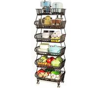 BRIAN & DANY Cestas de Frutas y Verduras Colgantes de 6 Niveles con Rueda-Organizador de La Cesta, 5 pcs S-Hooks, Pizarras Extraíbles, Cocina, Frutas, Verduras, Artículos de Tocador, Negro