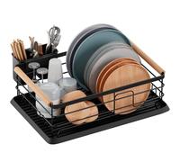 BRIAN & DANY Escurreplatos con Mango de Madera, Escurridor de Platos, Soportes para Platos, 42 x 30 x 15 cm, Negro