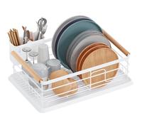 BRIAN & DANY Escurreplatos con Mango de Madera, Escurridor de Platos, Soportes para Platos, 42 x 30 x 15 cm, Blanco