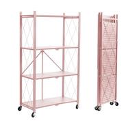 BRIAN & DANY Estanteria Plegable con Ruedas 4 Niveles, Rosa Estante de Almacenaje Plegables de Metal, Carga Pesada Estante Plegable para Cocina, Oficina, Garaje, 71 x 34 x 126 cm