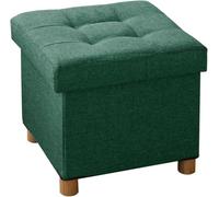 BRIAN & DANY Otomana plegable con patas de madera, taburete de lino, baúl de almacenamiento con relleno de esponja altamente elástica, color verde oscuro, 38 x 38 x 38 cm