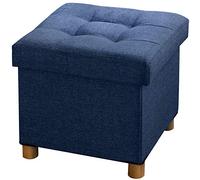 BRIAN & DANY Otomana plegable de almacenamiento con patas de madera, reposapiés de lino, baúl de almacenamiento con relleno de esponja altamente elástica, azul marino, 38 x 38 x 38 cm