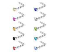 Briana Williams 10PCS 316L Surgical Stainless Steel Nose Stud Rings Screw 20G 7mm Multi-Colored Diamond CZ L Shaped Piercing Jewelry