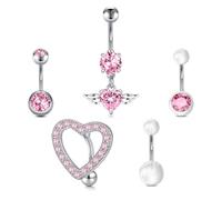 Briana Williams 5pcs 14G Piercing ombligo tous Acero quirurgico plata 10mm Rosa CZ Corazón Anillo del vientre Piercings de bananaJoyería para mujer Hombre
