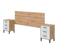 Bricohabitat Cabecero + 2 Mesitas 3 Cajones Cabezal y Mesitas Moderno Lúmina en Blanco Artik y Roble Nodi 240x101x33 cm