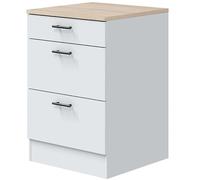 Módulo Bajo Kira de Cocina Estilo Moderno en Blanco Brillo y Roble Canadian con 3 Cajones y Tiradores Negros 60x90x60 cm