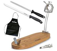 Bricolemar Kit Jamonero Giratorio Plegable Ovalado Metal/Bambú + Cuchillo Jamonero Evo con Chaira + Pinza de Jamón + Delantal Negro de Regalo (Soporte + Set Cuchillo Evo y Chaira + Pinza + Delantal)