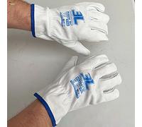 BricoLoco Guantes trabajo piel cuero vacuno. 1 par Talla 7. Par de guantes jardín, jardinería, construcción, conductor. Blanco ribete azul. CE CAT II. (Talla 7, 1)