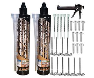 BricoLoco Kit Anclaje Adhesivo 2 Taco químico poliéster sin estireno 300 mm. + 5 cánulas + 10 tamices + 10 varillas + pistola. Bricolaje doméstico y profesional