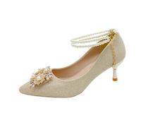 Bridal Shoe Two-Way Wear Thin Heel High Strap Knot Design Elegant Korean Style Spring Season Wedding Footwear(Champagne Gold 5cm,41)