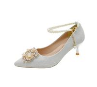 Bridal Shoe Two-Way Wear Thin Heel High Strap Knot Design Elegant Korean Style Spring Season Wedding Footwear(Silver 5cm,35)