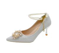 Bridal Shoe Two-Way Wear Thin Heel High Strap Knot Design Elegant Korean Style Spring Season Wedding Footwear(Silver 7cm,35)