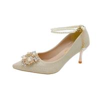 Bridal Shoe Two-Way Wear Thin Heel High Strap Knot Design Elegant Korean Style Spring Season Wedding Footwear(Champagne Gold 7cm,35)