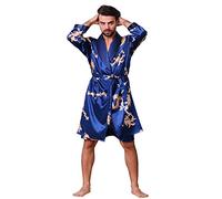 BridalAffair Bata de satén de seda de manga larga para hombre, bata de baño tipo kimono para dormir, Azul Real, Medium-Large