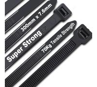 Bridas para cables negras, 300 mm x 7,6 mm, resistentes con 70 kg de resistencia a la tracción, grandes bridas de nailon resistentes a los rayos UV (100 piezas)