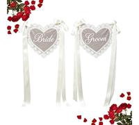 Bride Groom Chair Signs 2 Piece Sheer Lace Heart with 3 Meters Ribbon | Elegant Heartfelt Wedding Chair Marker Chair Back Banners Covers for Ceremony Bridal Shower Church Banquet Hall Welcome Table
