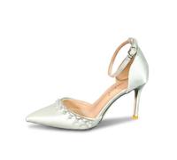 Bride Wedding Shoes Satin Pointed Toe Stiletto Heels Ankle Strap Pearls Hollow out Party Prom Evening Dress for Women(7cm,34)