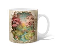 Bridge - Taza de café de cerámica, diseño de cerezas de la naturaleza, primavera, río, primavera, melocotón, con asa, regalo para amigos, familiares, amantes, ancianos, compañeros de trabajo, 325 ml