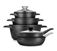 briebe Batería Cocina Inducción 10 Piezas, Juego 3 Ollas Aluminio Fundido + 2 Sartenes, Antiadherente ILAG GRANITEC sin PFOA, Set Cazuelas Tapas Cristal, Guantes Silicona, Vitrocerámica, Gas, Horno