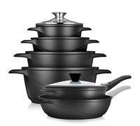briebe Batería Cocina Inducción 12 Piezas, Juego 4 Ollas Aluminio Fundido + 2 Sartenes, Antiadherente ILAG GRANITEC sin PFOA, Set Cazuelas Tapas Cristal, Guantes Silicona, Vitrocerámica, Gas, Horno