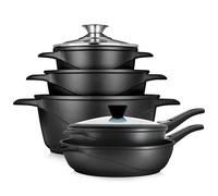 briebe Batería Cocina Inducción 3 Ollas 2 Sartenes Antiadherente ILAG | Aluminio Fundido sin PFOA Set 10 Piezas Cazuelas, Tapas, Guantes Silicona, Vitrocerámica, Gas, Horno