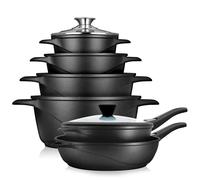 briebe Batería Cocina Inducción 4 Ollas 2 Sartenes Antiadherente ILAG | Aluminio Fundido sin PFOA Set 12 Piezas Cazuelas, Tapas, Guantes Silicona, Vitrocerámica, Gas, Horno