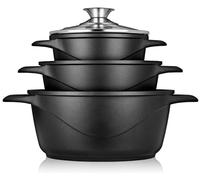 briebe Batería Cocina Inducción 6 Piezas, Juego 3 Ollas Aluminio Fundido, Antiadherente ILAG GRANITEC sin PFOA, Set Cazuelas Tapas Cristal, Guantes Silicona, Vitrocerámica, Gas, Horno, MGK-18