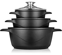 briebe Batería Cocina Inducción 6 Piezas, Juego 3 Ollas Antiadherente ILAG | Aluminio Fundido, sin PFOA, Set Cazuelas Tapas Cristal, Guantes Silicona, Vitrocerámica, Gas, Horno, MGK-18