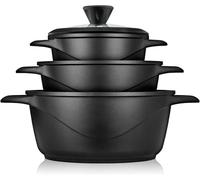 briebe Batería Cocina Inducción 6 Piezas, Juego 3 Ollas Antiadherente ILAG | Aluminio Fundido, sin PFOA, Set Cazuelas Tapas Cristal, Guantes Silicona, Vitrocerámica, Gas, Horno MGK18S