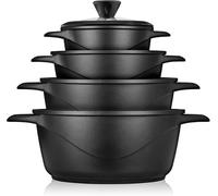 briebe Batería Cocina Inducción 8 Piezas, Juego 4 Ollas Aluminio Fundido, Antiadherente ILAG GRANITEC sin PFOA, Set Cazuelas Tapas Cristal, Guantes Silicona, Vitrocerámica, Gas, Horno.