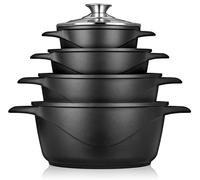 briebe Batería Cocina Inducción 8 Piezas, Juego 4 Ollas Aluminio Fundido, Antiadherente ILAG GRANITEC sin PFOA, Set Cazuelas Tapas Cristal, Guantes Silicona, Vitrocerámica, Gas, Horno, MGK-12