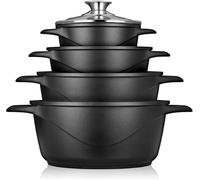 briebe Batería Cocina Inducción 8 Piezas, Juego 4 Ollas Antiadherente ILAG | Aluminio Fundido, sin PFOA, Set Cazuelas Tapas Cristal, Guantes Silicona, Vitrocerámica, Gas, Horno, MGK-12