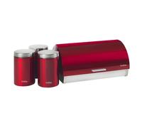 briebe Set Panera de Mesa + Juego de 3 Botes Cocina Almacenaje, Acero Inoxidable, Contenedor para Guardar Pan y Bollería, Tapa Deslizante, Diseño Moderno, Bread Box, Rojo/Inox