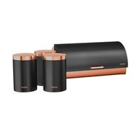 briebe Set Panera de Mesa + Juego de 3 Botes Cocina Almacenaje, Acero Inoxidable, Contenedor para Guardar Pan y Bollería, Tapa Deslizante, Diseño Moderno, Bread Box, Negro Mate/Oro Rosa