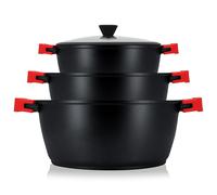 briebe Black Titanium Batería Cocina Inducción 6 Piezas Antiadherente Titanio, Juego 3 Ollas Aluminio Fundido sin PFOA, Set Cazuelas Tapas Cristal, Asas Silicona Extraíbles, Vitrocerámica, Gas, Horno