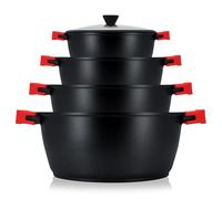 briebe Black Titanium Batería Cocina Inducción 8 Piezas Antiadherente Titanio, Juego 4 Ollas Aluminio Fundido sin PFOA, Set Cazuelas Tapas Cristal, Asas Silicona Extraíbles, Vitrocerámica, Gas, Horno