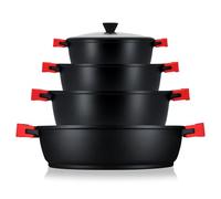 briebe Black Titanium Batería Cocina Inducción 8 Piezas Antiadherente Titanio, Juego 4 Ollas Aluminio Fundido sin PFOA, Set Cazuelas Tapas Cristal, Asas Silicona Extraíbles, Vitrocerámica, Gas, Horno