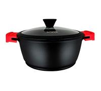 briebe Black Titanium Cacerola Cocina Inducción Antiadherente Titanio, Cazuela 24cm, Aluminio Fundido, Recubrimiento sin PFOA, Tapa Cristal, Asas Silicona Extraíbles, Vitrocerámica, Gas, Horno