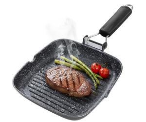 briebe Black Titanium Grill Asador Rayas, Inducción, Antiadherente Titanio, Sartén Plancha 24x24cm Aluminio Fundido sin PFOA, Mango Plegable, Apto Vitrocerámica, Gas