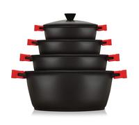 briebe Black Titanium Batería Cocina Inducción 8 Piezas Antiadherente | Titanio Juego 4 Ollas Aluminio Fundido sin PFOA Set Cazuelas Tapas Cristal Asas Silicona Extraíbles, Vitrocerámica Gas Horno