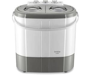 briebe Camp Mini Lavadora Portátil con Centrifugado, Camping, Capacidad Ropa 3Kg, Ideal Viajes, Camper y Autocaravanas, 2 Compartimentos, Carga Superior, Bajo Consumo Agua y Energía, Gris/Blanco
