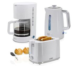 briebe Elegance Set Tostadora Pan Ranura Ancha 2 Rebanadas + Hervidor Agua Eléctrico 1,7L Inalámbrico 2200W Libre BPA + Cafetera Goteo Filtro 10 Tazas 1,25L, Pack Desayuno Diseño Moderno, Blanco