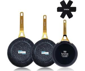 briebe Gold Titanium Juego de 3 Sartenes Antiadherentes Inducción Titanio 20-24-28cm, Aluminio Forjado Recubrimiento sin PFOA, Mango Profesional Acero Inox, Vitrocerámica, Gas, 3 Protectores