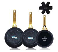 briebe Gold Titanium Set 3 Sartenes Antiadherentes Inducción Titanio 18-20-24cm, Aluminio Forjado Recubrimiento sin PFOA, Mango Profesional Acero Inox, Vitrocerámica, Gas, 3 Protectores