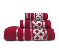briebe Home Juego de Toallas Baño 100% algodón Rizo 450gr, Set 3 Piezas, Amazonica Basic, 3 Tamaños Ducha Sábana, Manos, Tocador, Cenefa Rombos Bordada, Hecho en Portugal, Burdeos