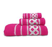 briebe Home Juego de Toallas Baño 100% algodón Rizo 450gr, Set 3 Piezas, Amazonica Basic, 3 Tamaños Ducha Sábana, Manos, Tocador, Cenefa Rombos Bordada, Hecho en Portugal, Fucsia