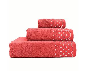 briebe Home Juego de Toallas Baño 100% algodón Rizo 450gr, Set 3 Piezas, Polka Dots, 3 tamaños Ducha Sábana, Manos, Tocador, Cenefa Lunares Bordada, Hecho en Portugal, Fucsia