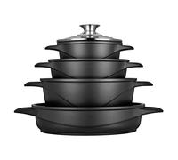 briebe Batería Cocina Inducción 8 Piezas, Juego 4 Ollas Aluminio Fundido, Antiadherente ILAG GRANITEC sin PFOA, Set Cazuelas Tapas Cristal, Guantes Silicona, Vitrocerámica, Gas, Horno, MGK-17