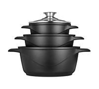 briebe Batería Cocina Inducción 6 Piezas, Juego 3 Ollas Aluminio Fundido, Antiadherente ILAG GRANITEC sin PFOA, Set Cazuelas Tapas Cristal, Guantes Silicona, Vitrocerámica, Gas, Horno, MGK-18